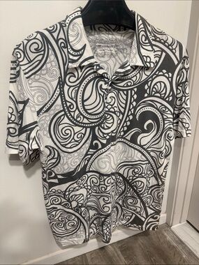 Rare Manuhealii Black & White tribal Print Polo Shirt